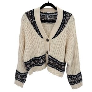 ZARA Cream Fair Isle Cable Knit Cropped Cardigan Sweater Women Grandpa S